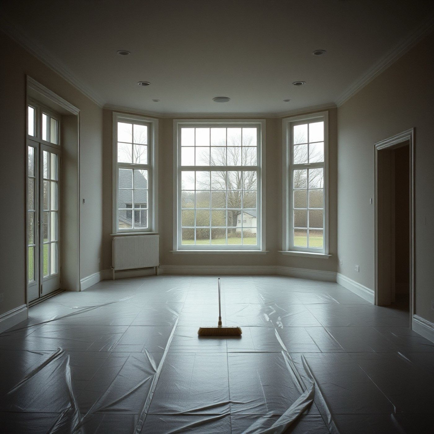Opgeleverd interieur, veegschoon, met late middagzon door de grote ramen.