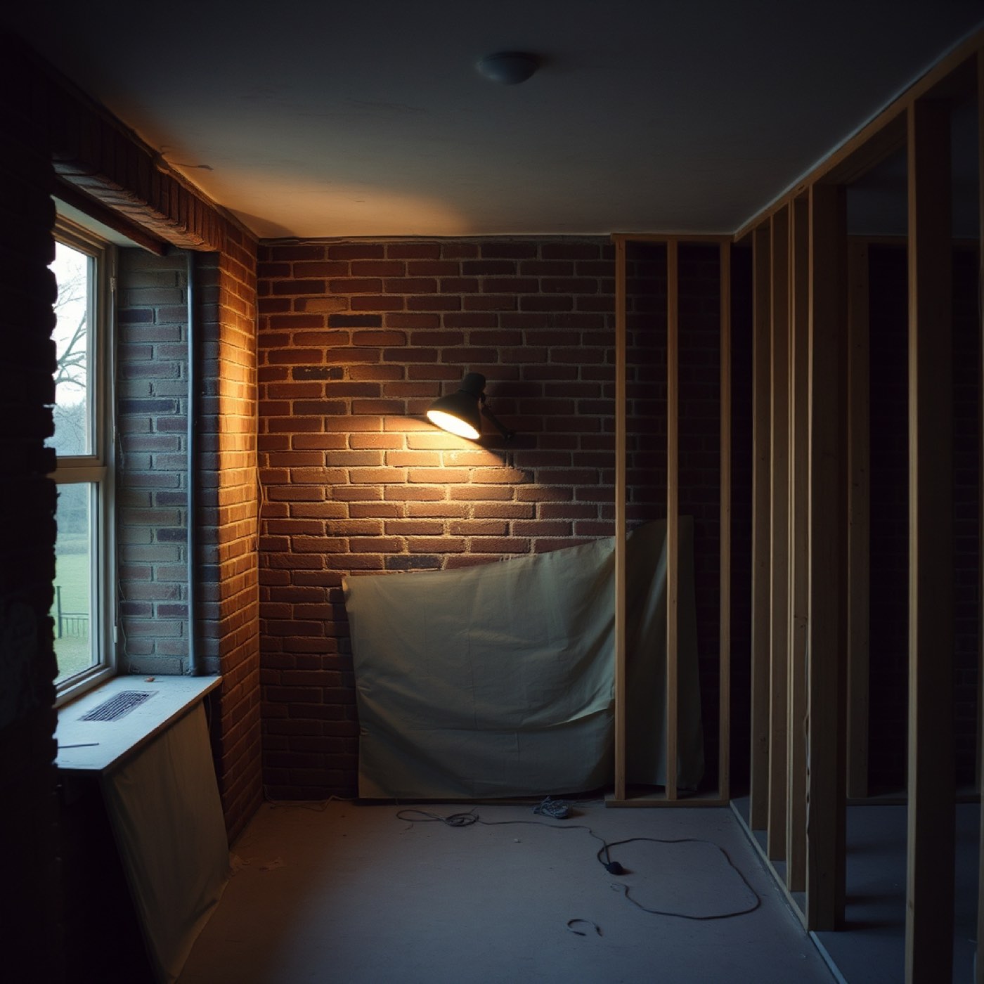 Woning in verbouwing, wanden gestript tot op het metselwerk.